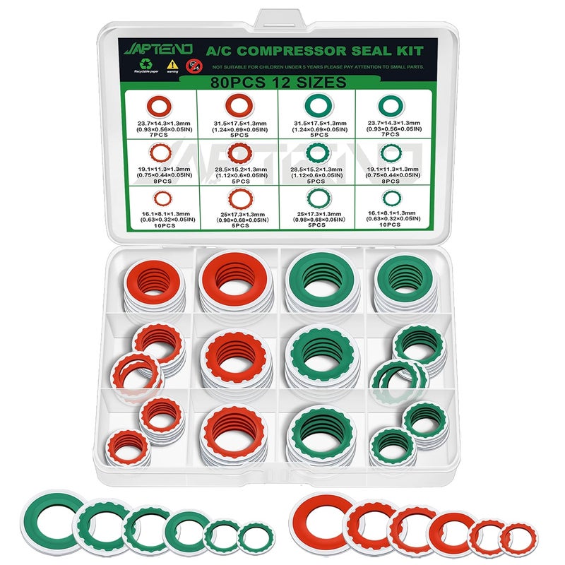 Japtend 80PCS Air Conditioning System Compressor Seal Washers Assortment Kit, 12 Sizes Automotive A/C Compressor Port Bonded Seal Gasket Kit (Red & Green) - Image 1